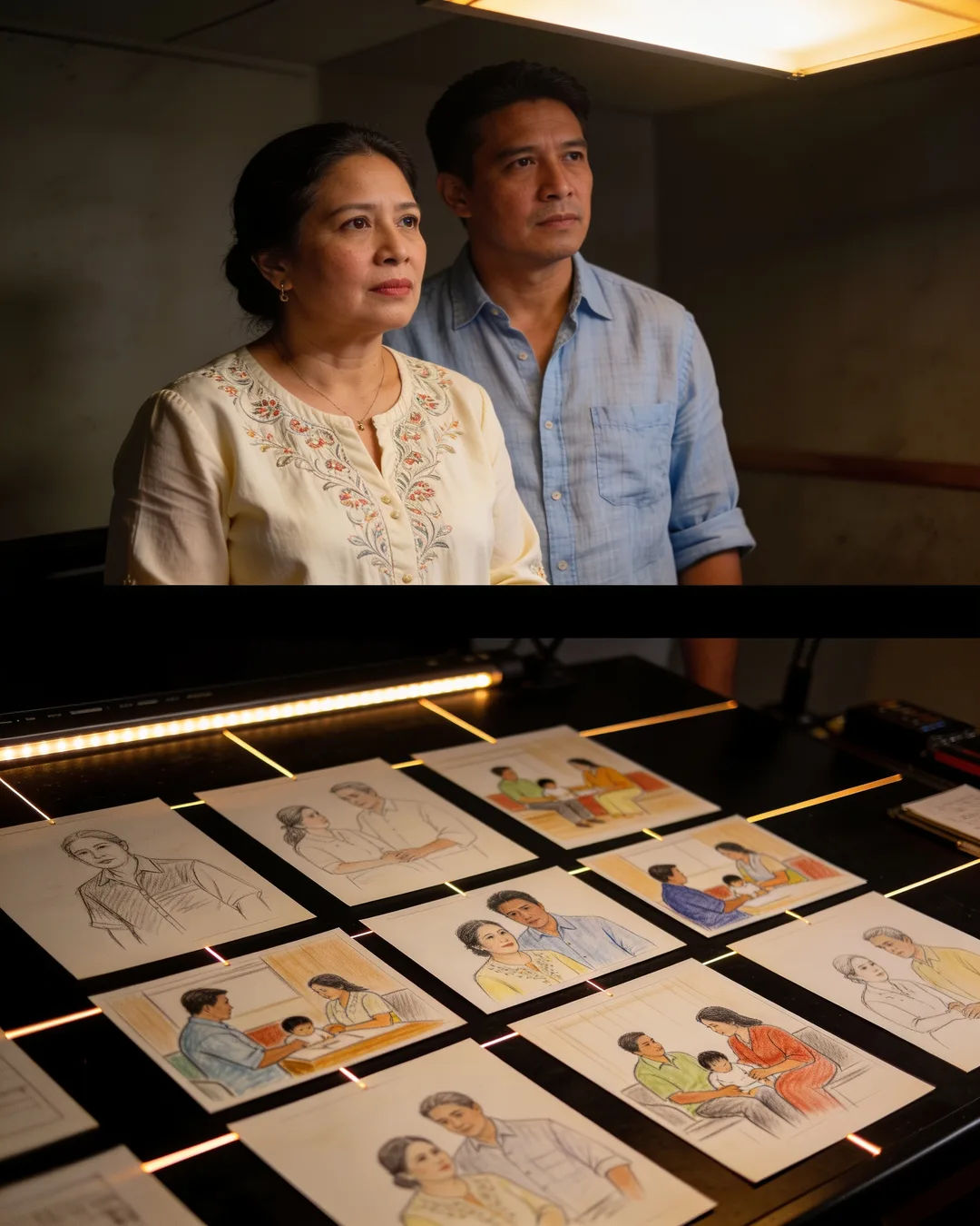 Storyboard cards of a Filipino family drama laid out on a production table