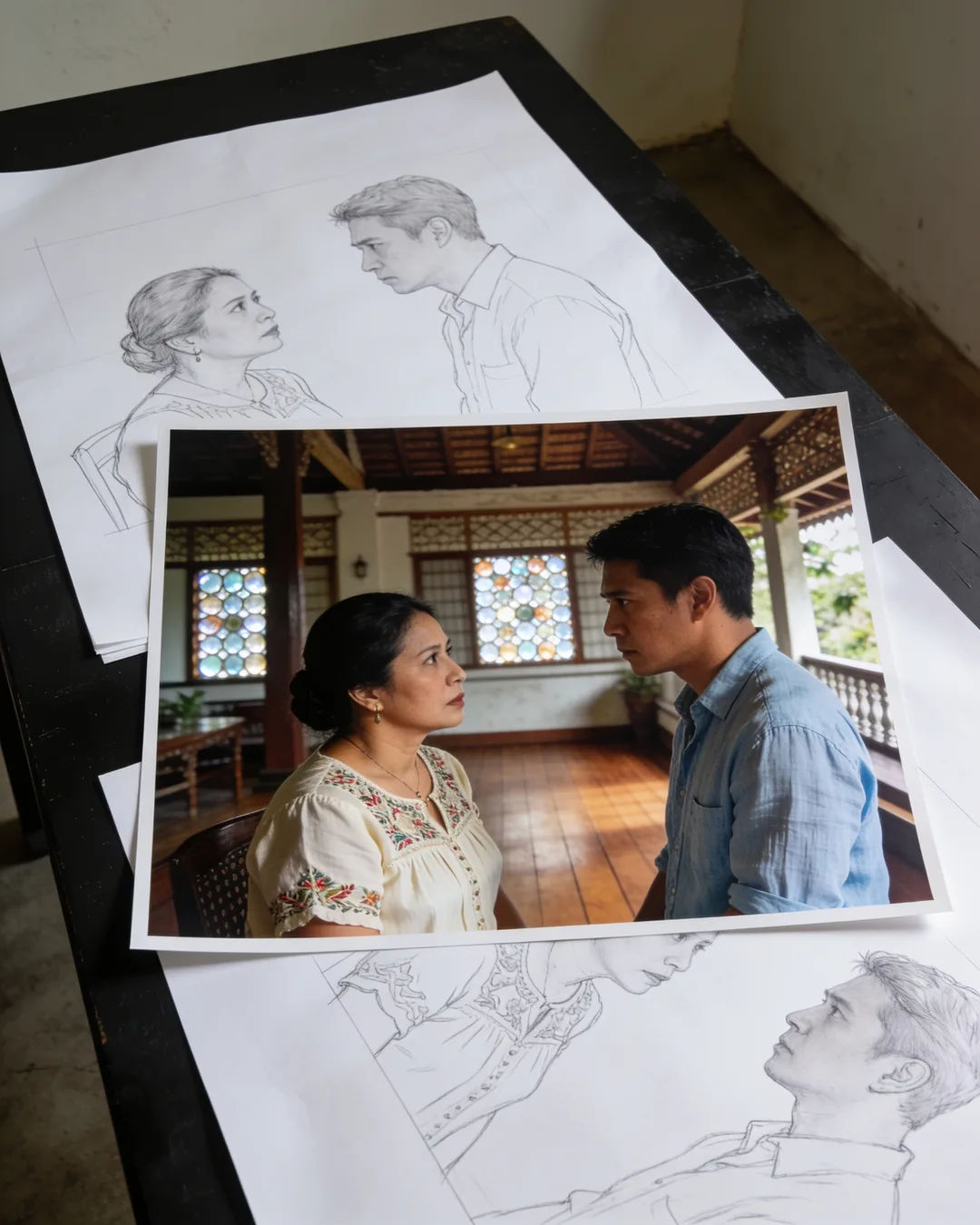 Pencil storyboard sketches around a finished photo of a Filipino family scene