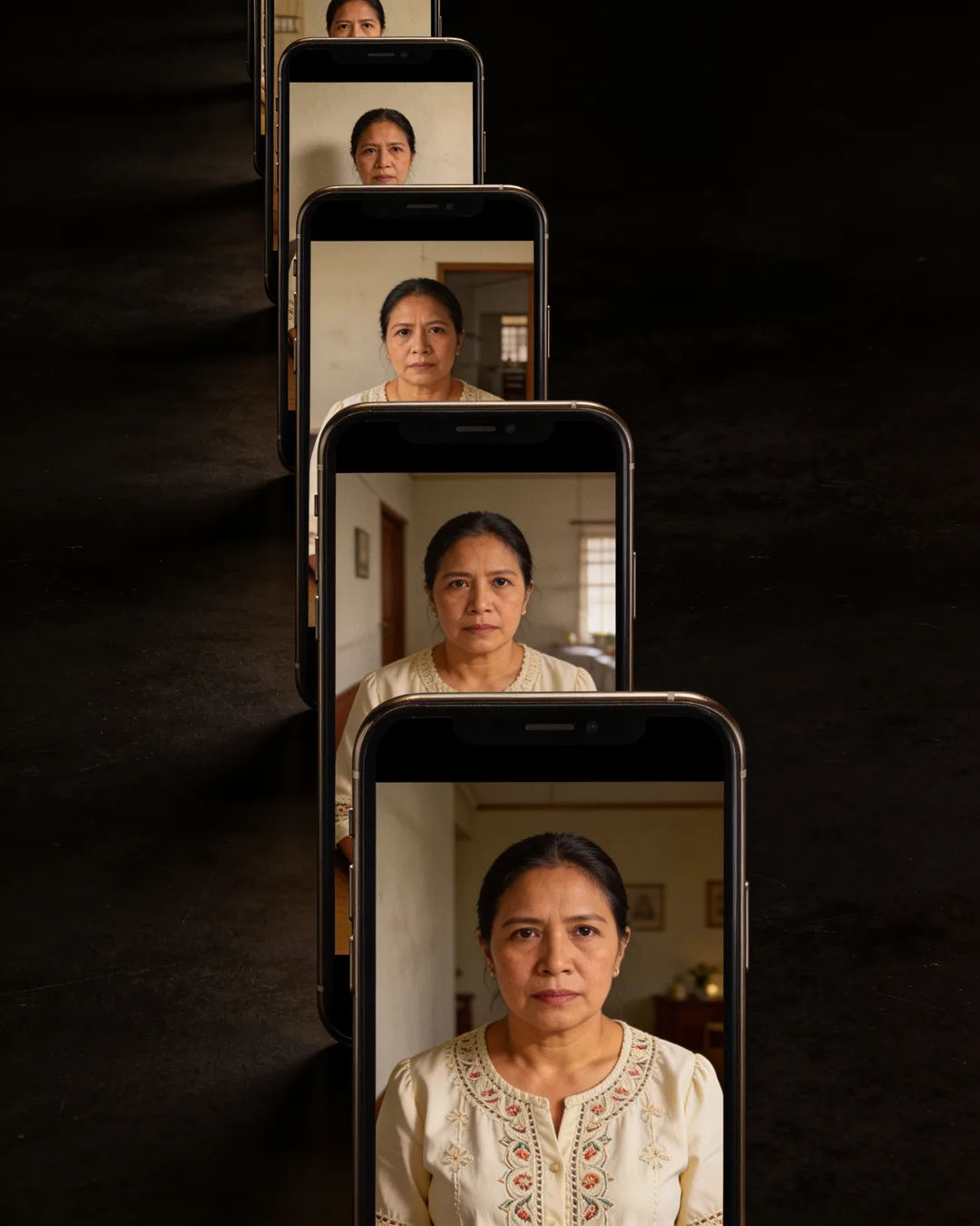 A row of phones showing episodes of the same Filipino drama series