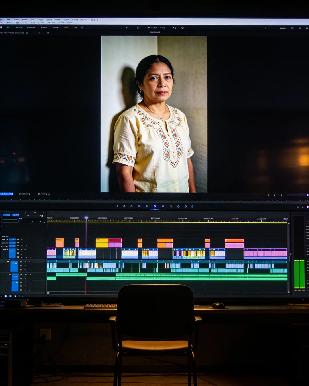 An editing suite with a vertical frame of a Filipina woman in a cream blouse above a timeline