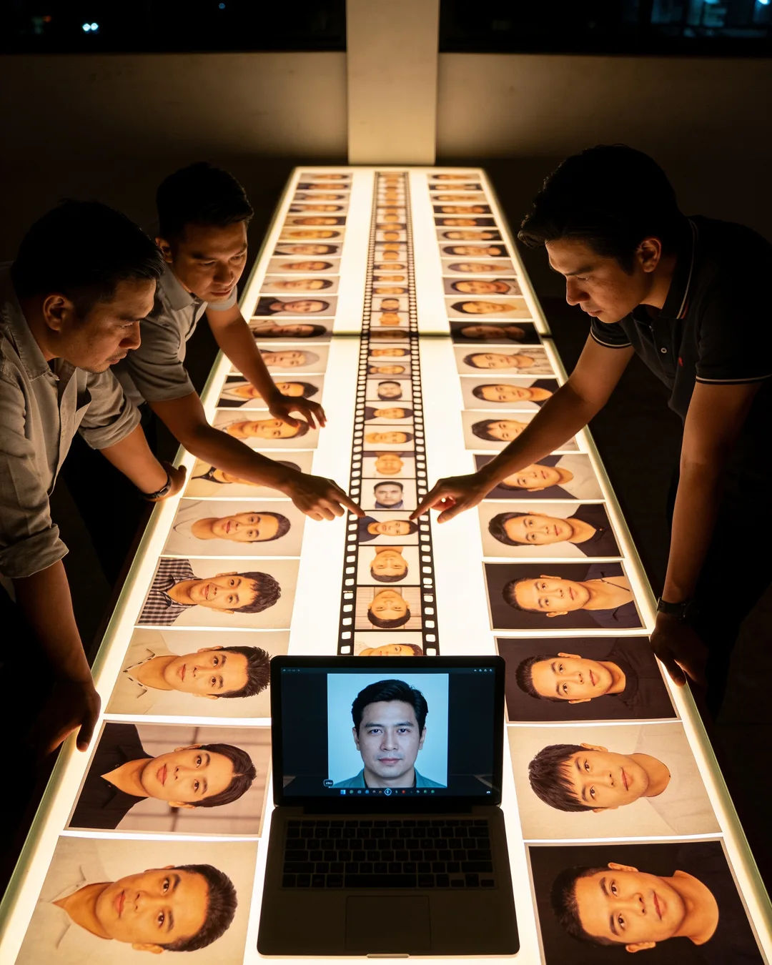 A Manila production team reviewing printed frames on a lit table