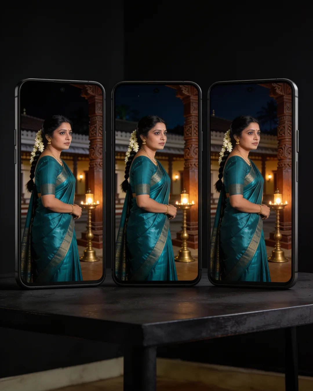 The same Tamil woman in a teal silk saree on three vertical phone screens