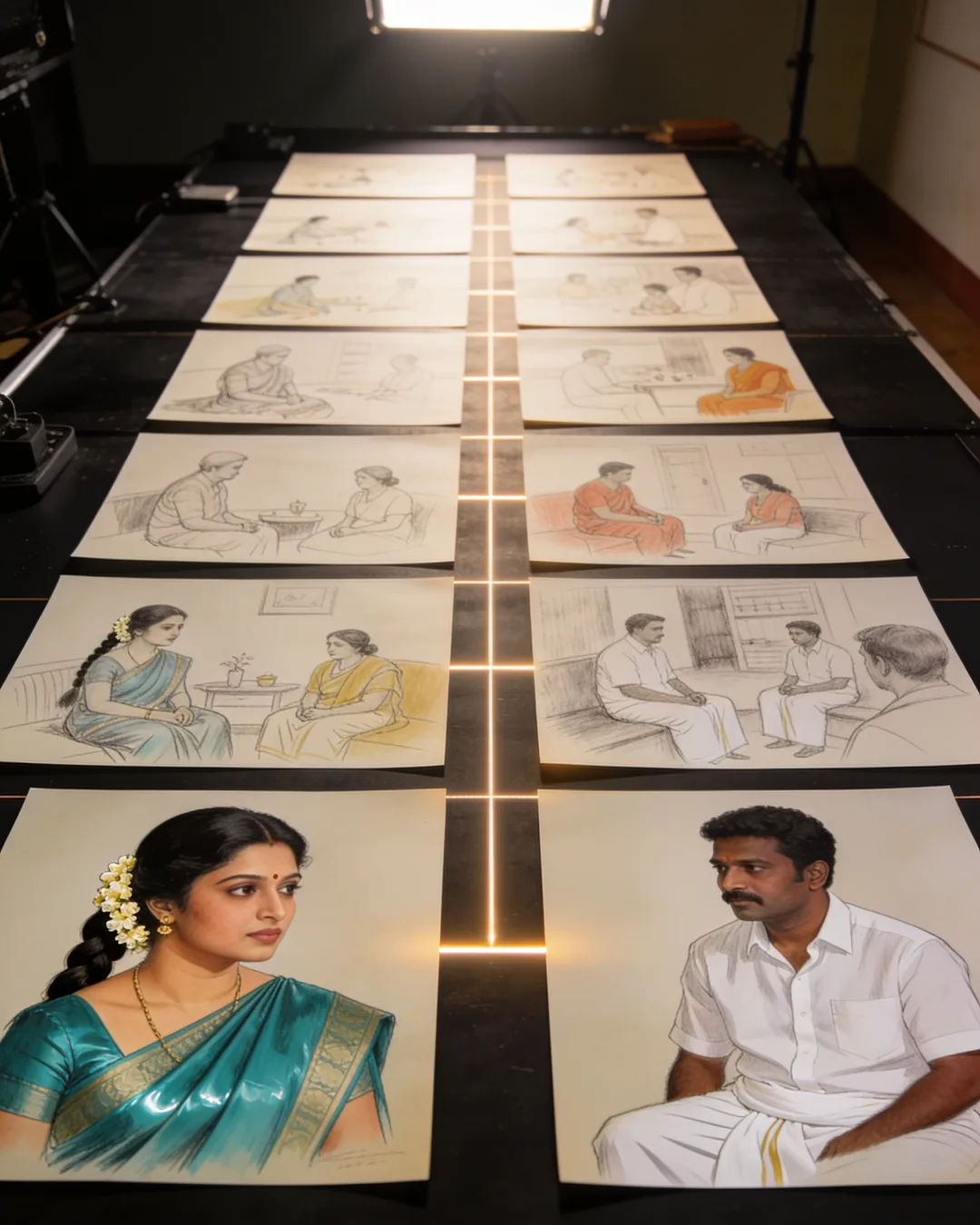 Storyboard cards of a Tamil family drama laid out on a production table