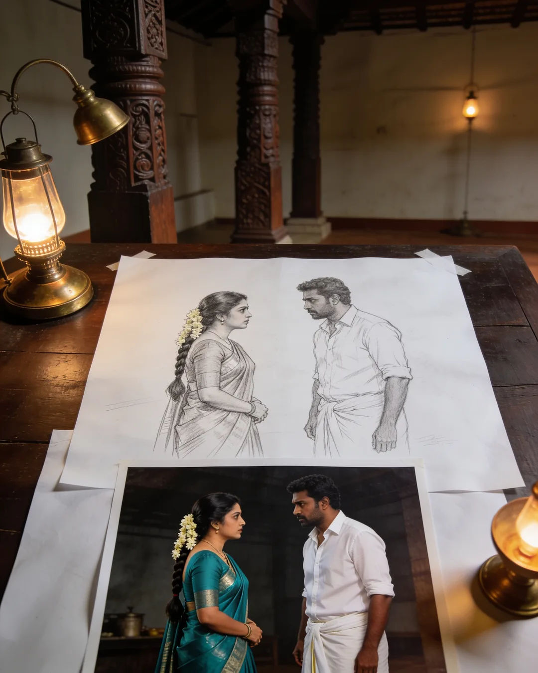 Pencil storyboard sketches around a finished photo of a Tamil family scene