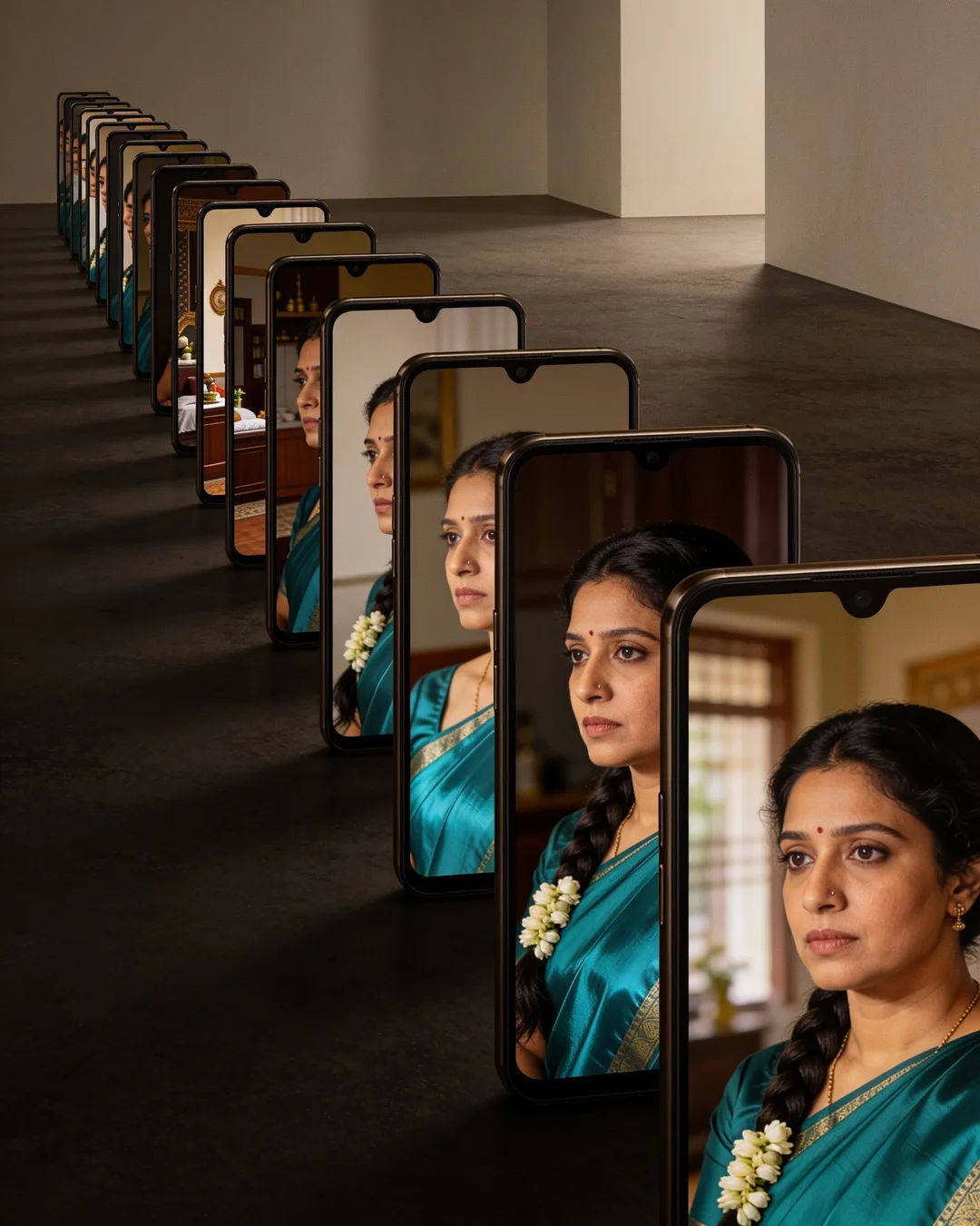 A row of phones showing episodes of the same Tamil drama series