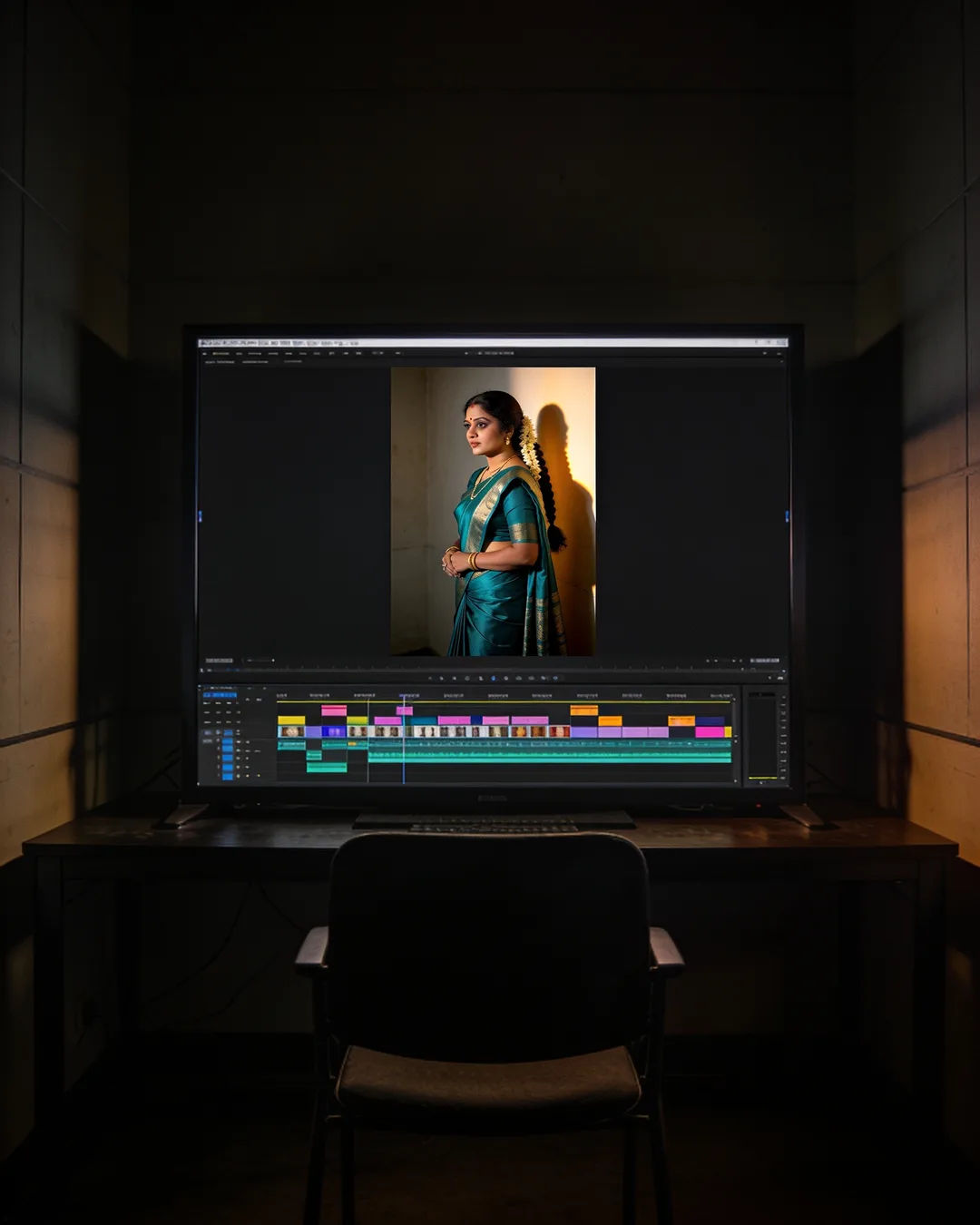 An editing suite with a vertical frame of a Tamil woman in a teal silk saree above a timeline