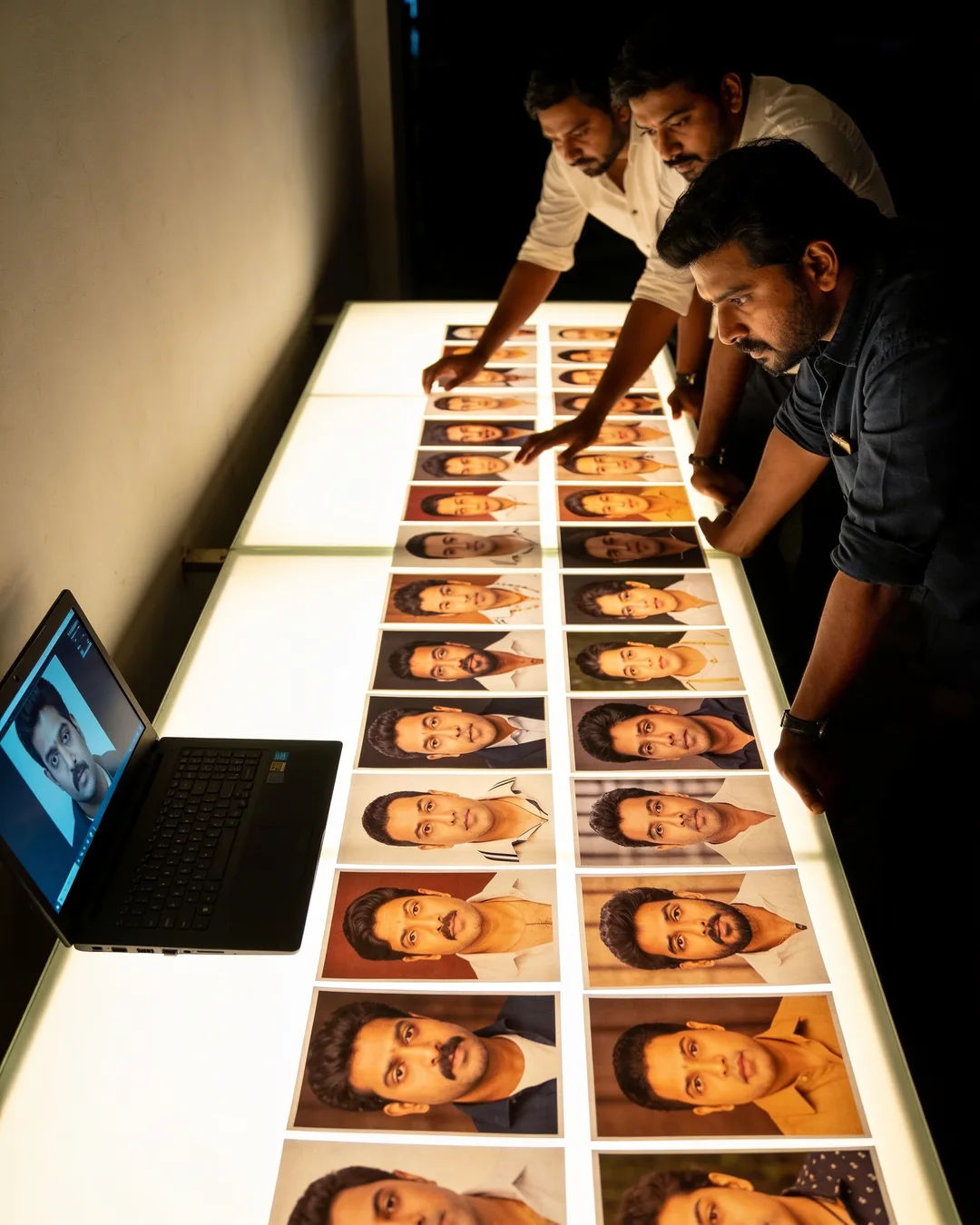A Chennai production team reviewing printed frames on a lit table