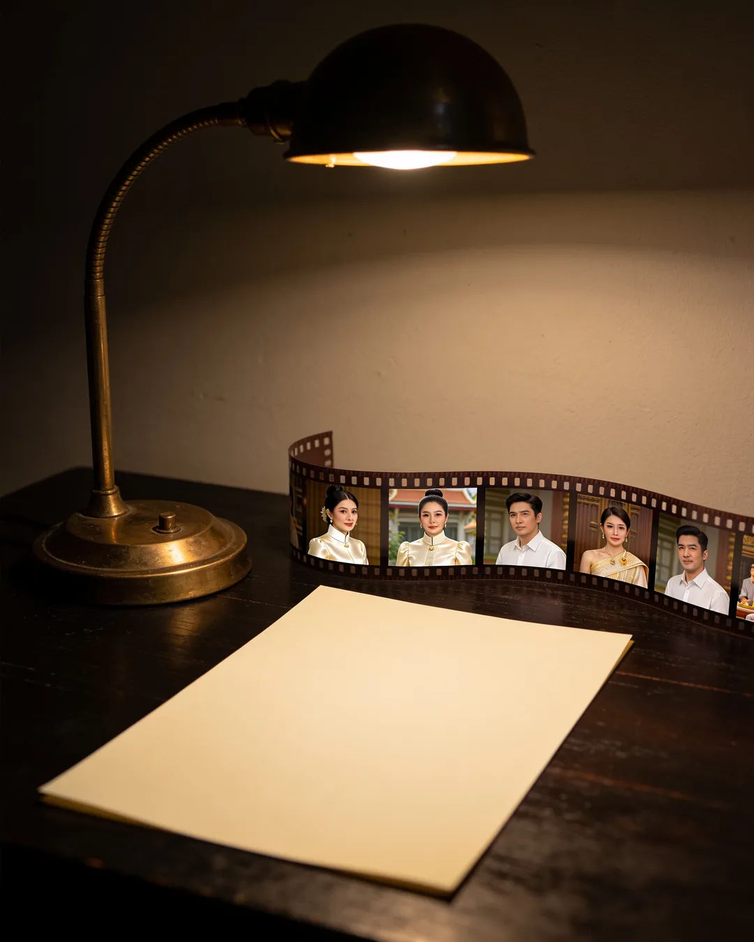 A blank page under a desk lamp beside a strip of film frames from a Thai family drama