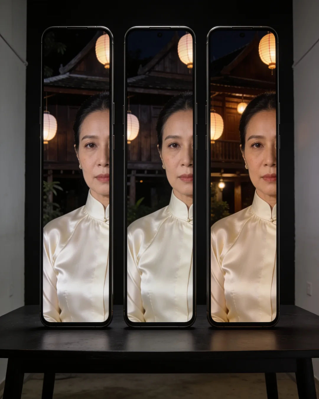 The same Thai woman in a cream silk blouse on three vertical phone screens