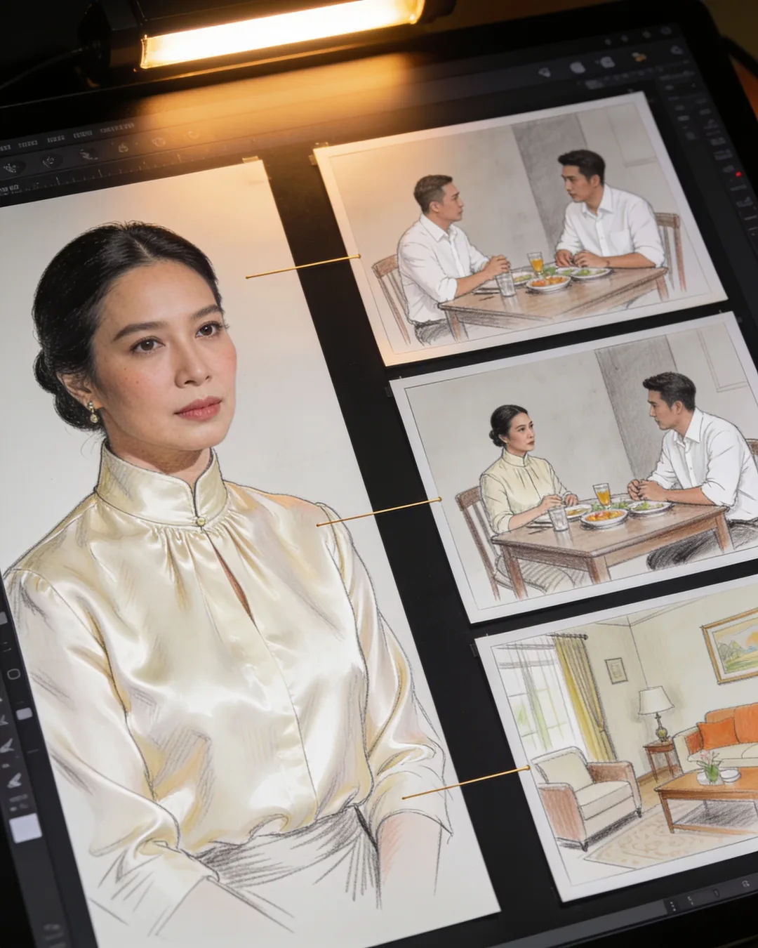 Storyboard cards of a Thai family drama laid out on a production table