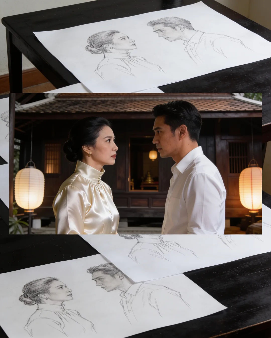 Pencil storyboard sketches around a finished photo of a Thai family scene