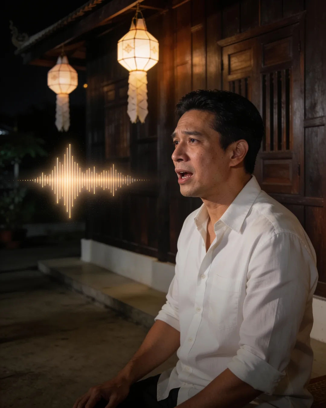 A Thai man in a white shirt speaking at home, a sound waveform beside him