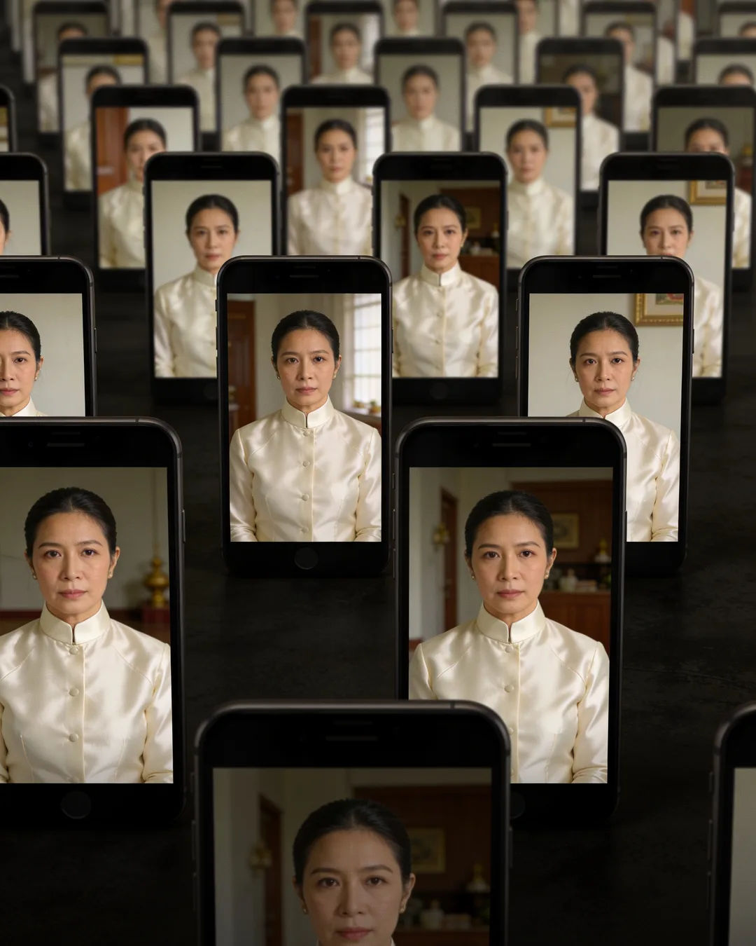 A row of phones showing episodes of the same Thai drama series