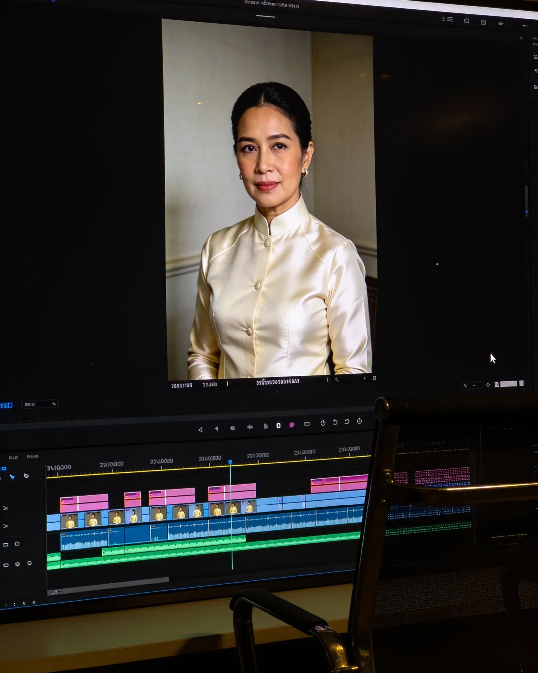 An editing suite with a vertical frame of a Thai woman in a cream silk blouse above a timeline