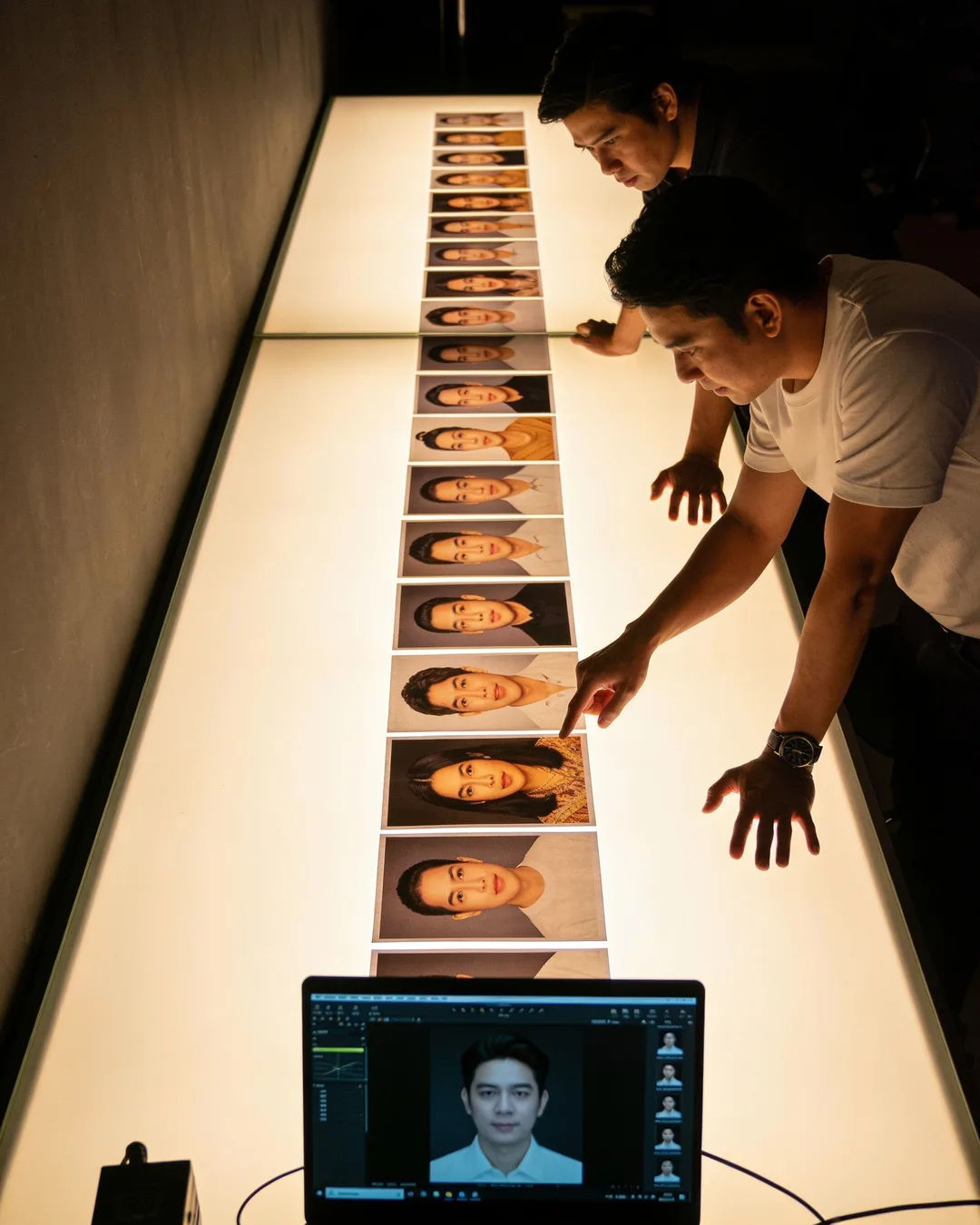 A Thai production team reviewing printed frames on a lit table