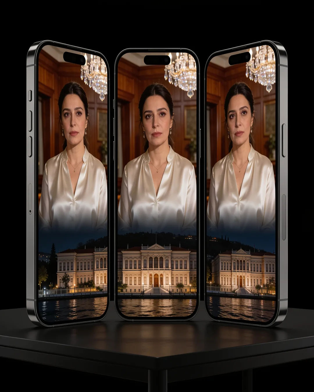 The same Turkish woman in an ivory silk blouse on three vertical phone screens