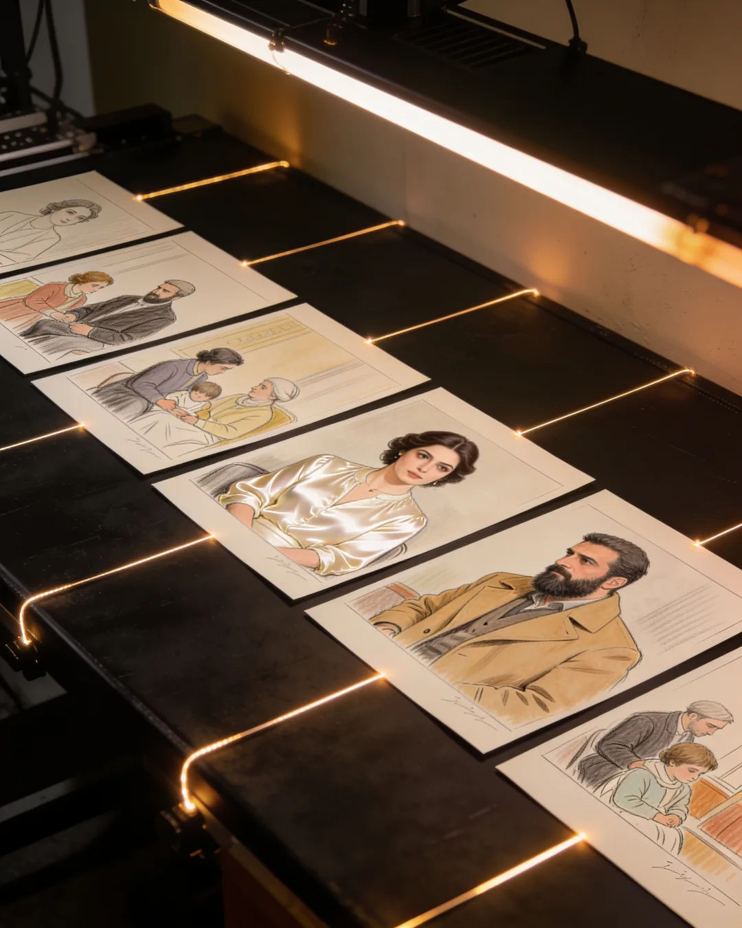 Storyboard cards of a Turkish family drama laid out on a production table