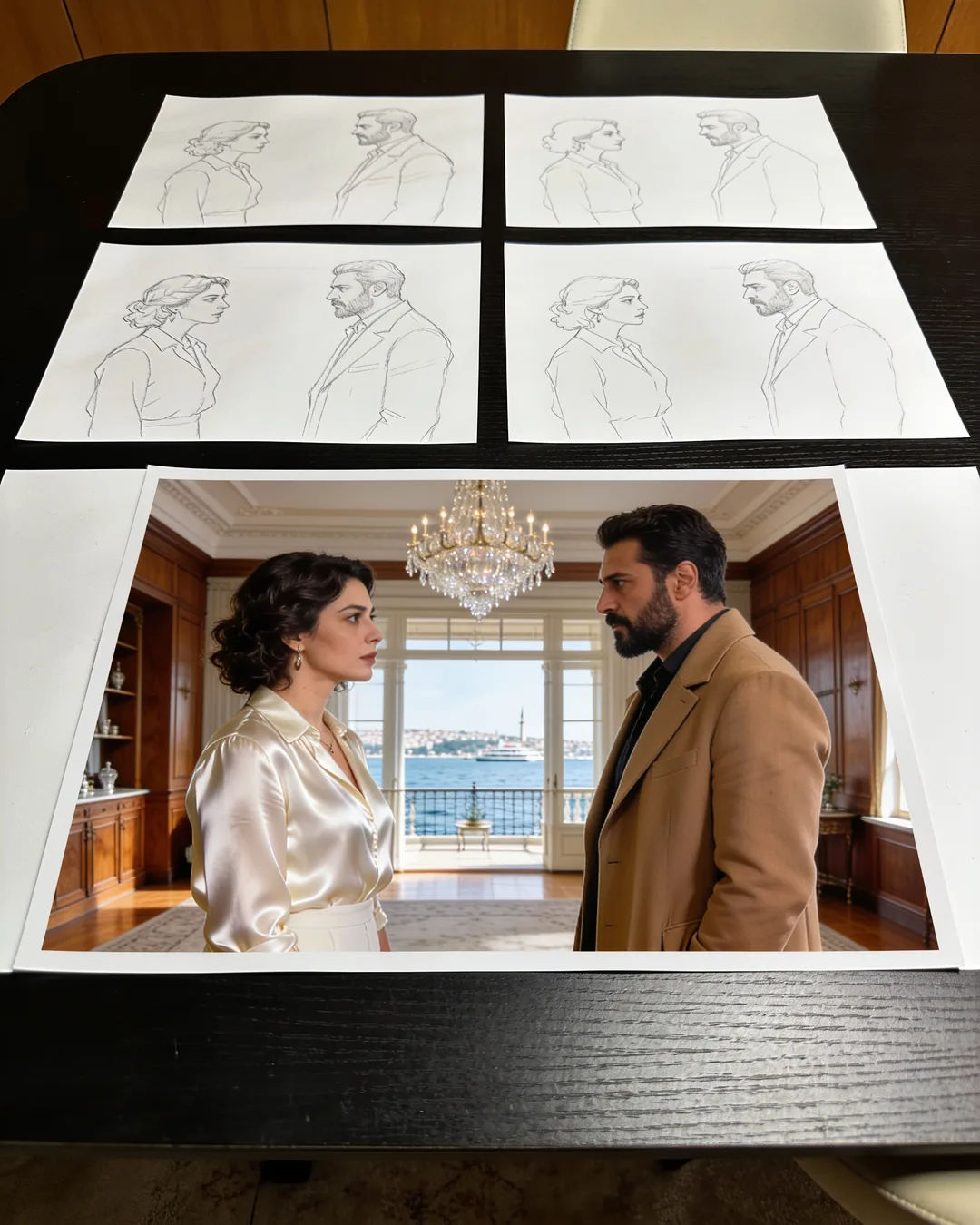 Pencil storyboard sketches around a finished photo of a Turkish family scene