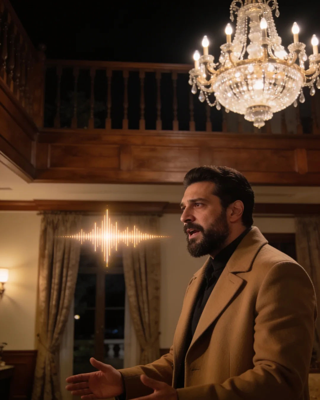 A Turkish man in a camel coat speaking at home, a sound waveform beside him
