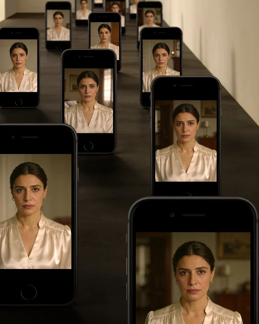 A row of phones showing episodes of the same Turkish drama series