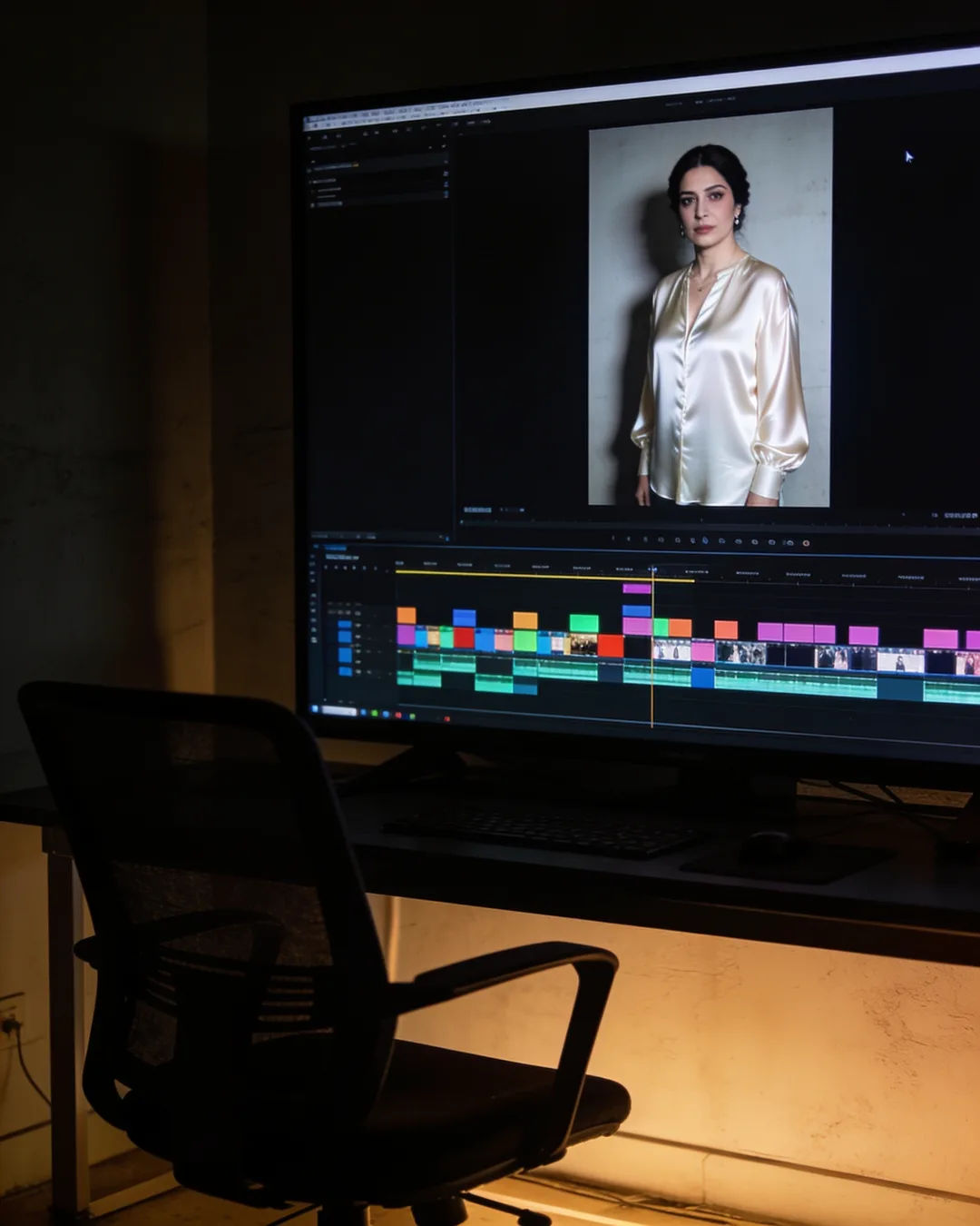 An editing suite with a vertical frame of a Turkish woman in an ivory silk blouse above a timeline