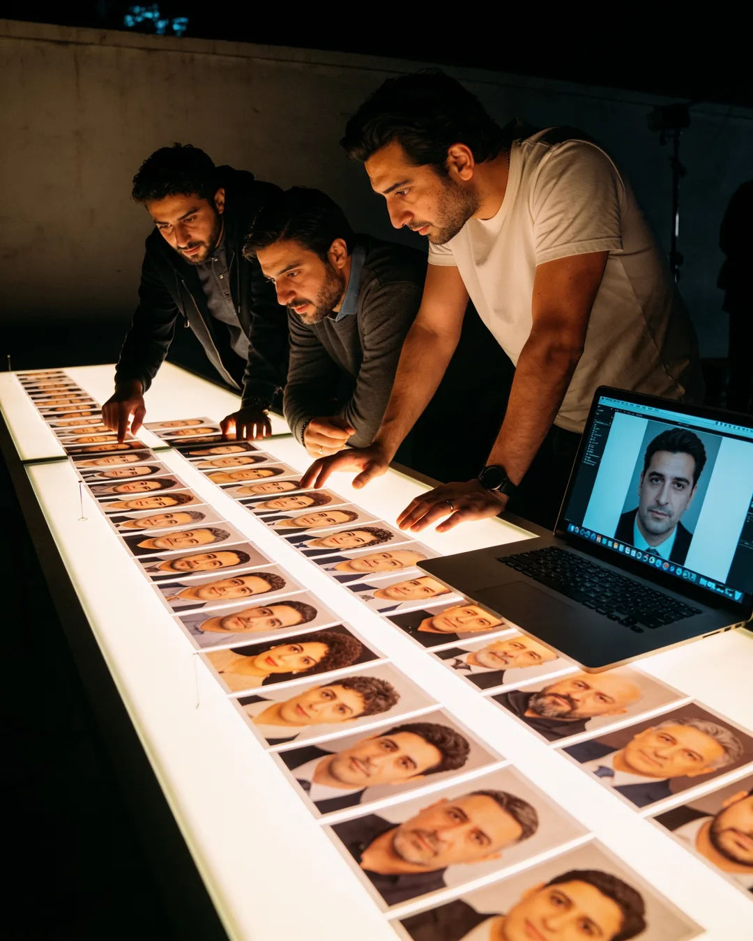 An Istanbul production team reviewing printed frames on a lit table