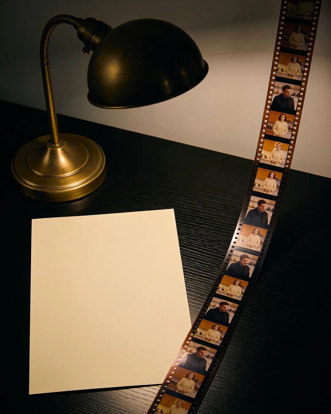 A blank page under a desk lamp beside a strip of film frames from a Ukrainian family drama