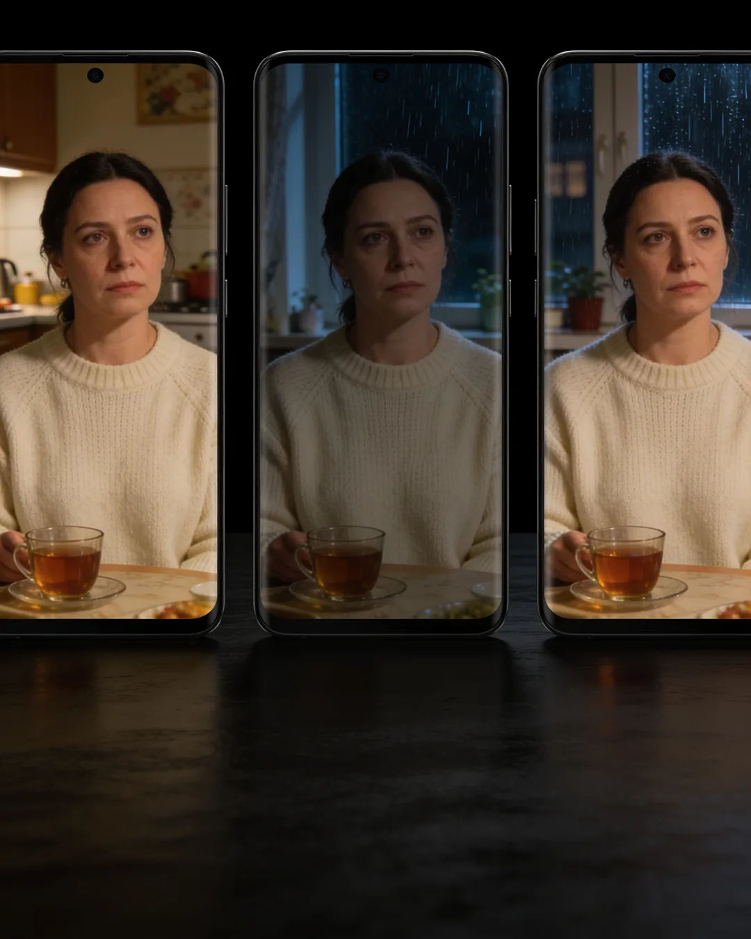 The same Ukrainian woman in a cream sweater on three vertical phone screens