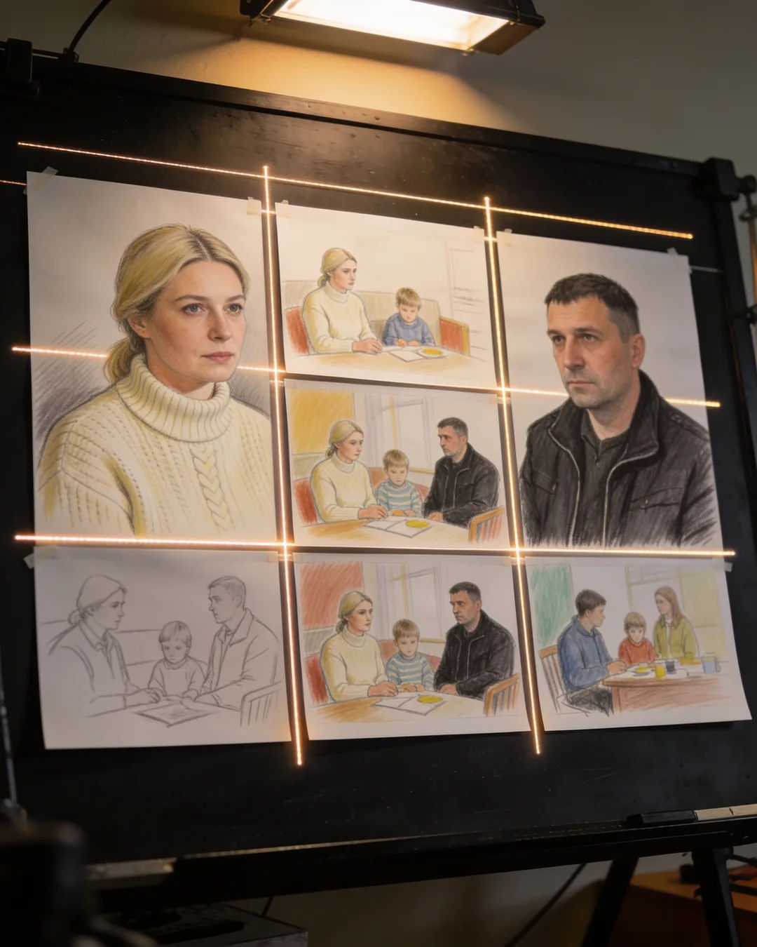 Storyboard cards of a Ukrainian family drama laid out on a production table