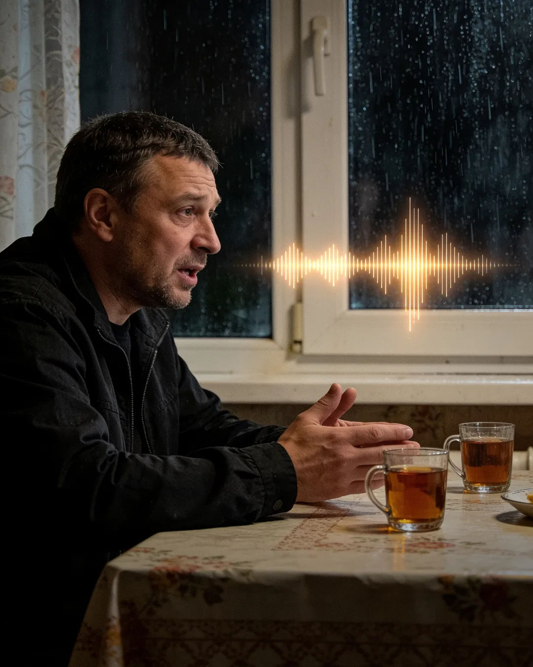 A Ukrainian man in a dark jacket speaking at home, a sound waveform beside him