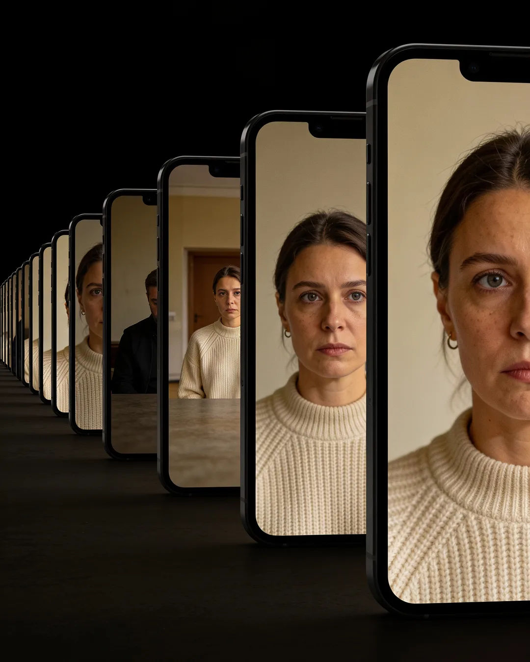 A row of phones showing episodes of the same Ukrainian drama series