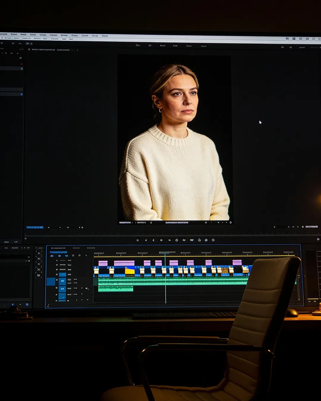 An editing suite with a vertical frame of a Ukrainian woman in a cream sweater above a timeline