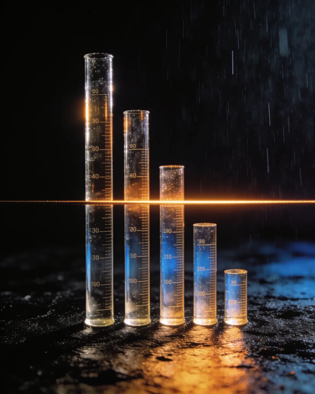 Glass columns of different heights with a glowing limit line