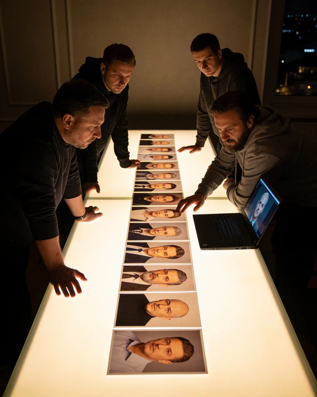 A Ukrainian production team reviewing printed frames on a lit table
