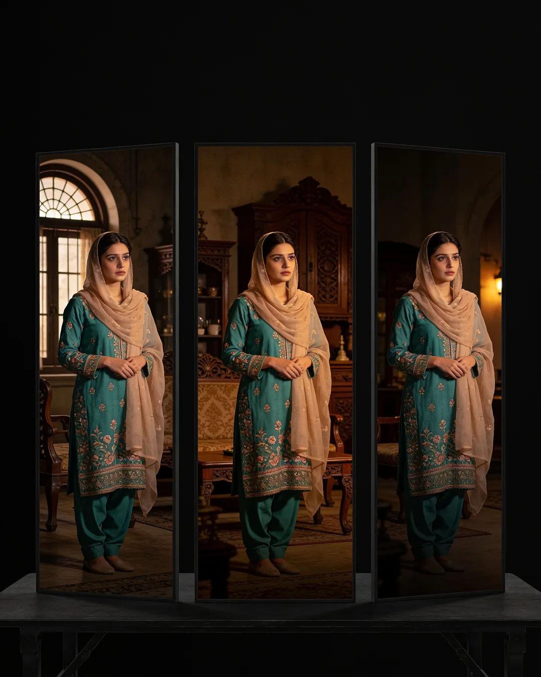 The same woman in an emerald shalwar kameez on three vertical phone screens