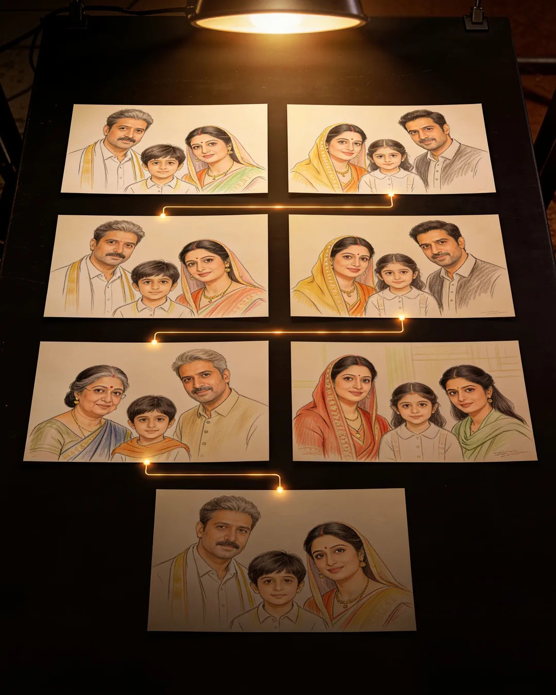 Storyboard cards of an Urdu family drama laid out on a production table