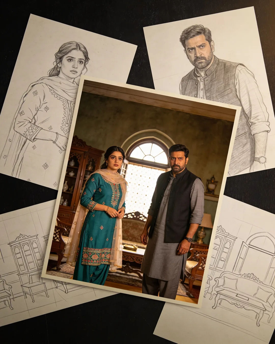 Pencil storyboard sketches around a finished photo of an Urdu family scene