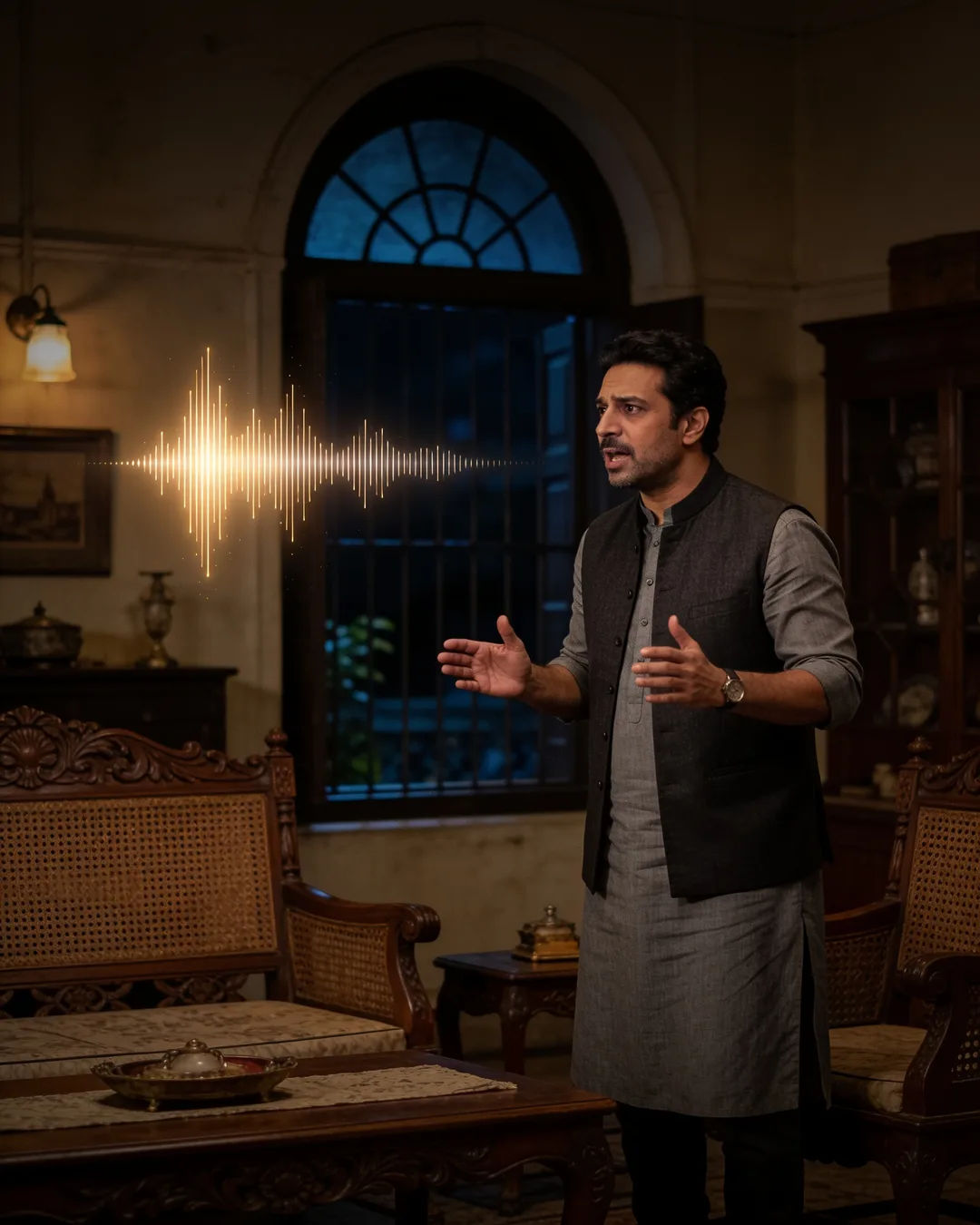 A man in a grey kurta and waistcoat speaking at home, a sound waveform beside him