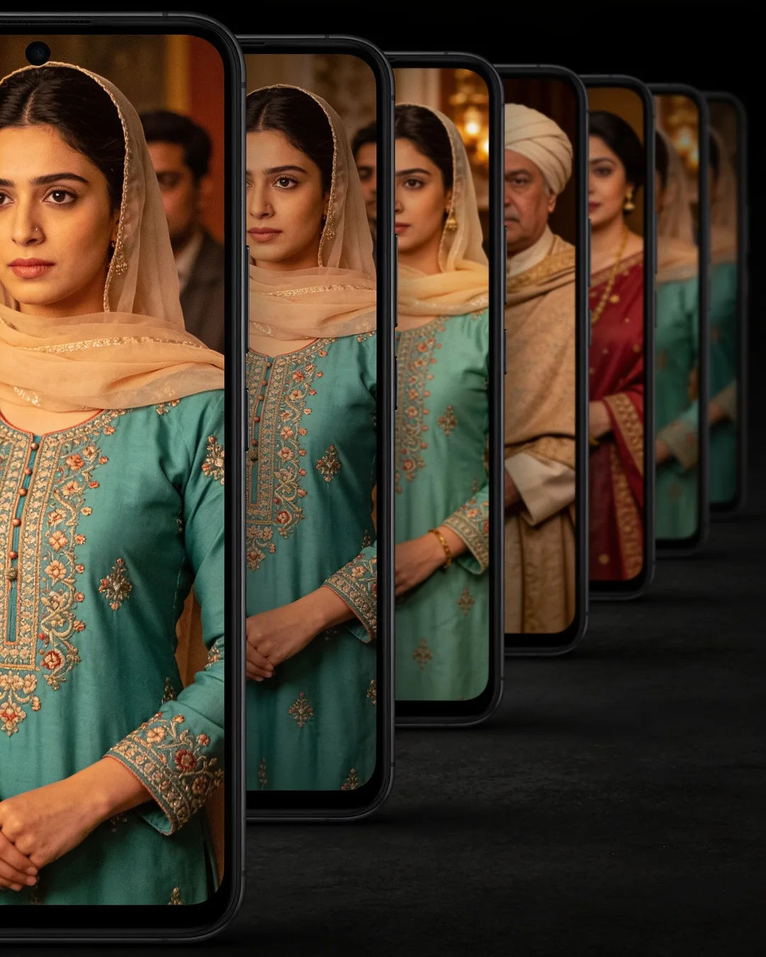 A row of phones showing episodes of the same Urdu drama series