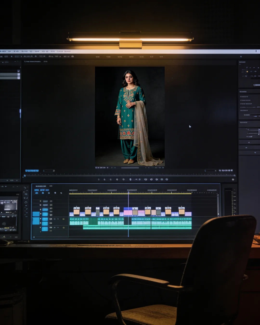 An editing suite with a vertical frame of a woman in an emerald shalwar kameez above a timeline