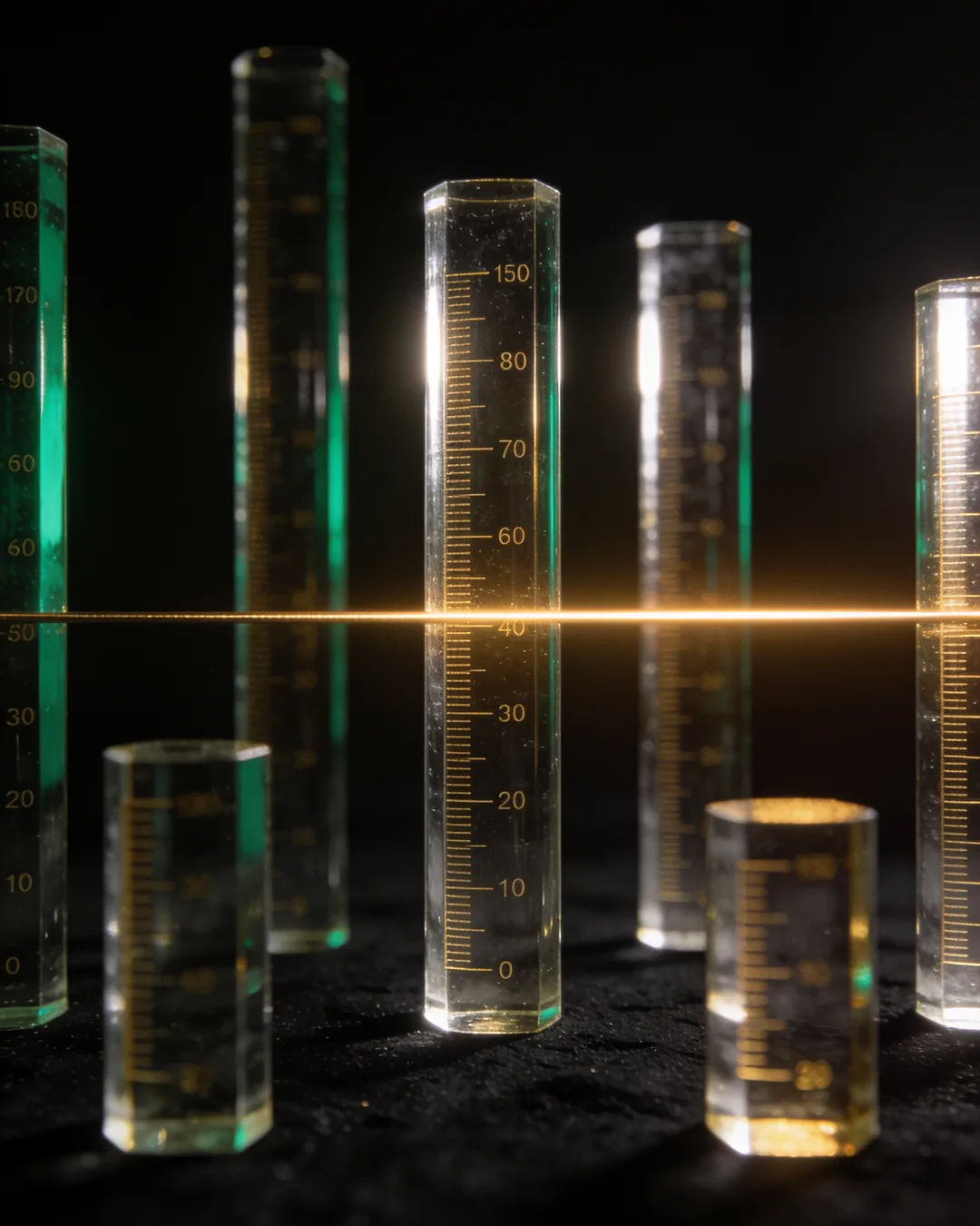 Glass columns of different heights with a glowing limit line
