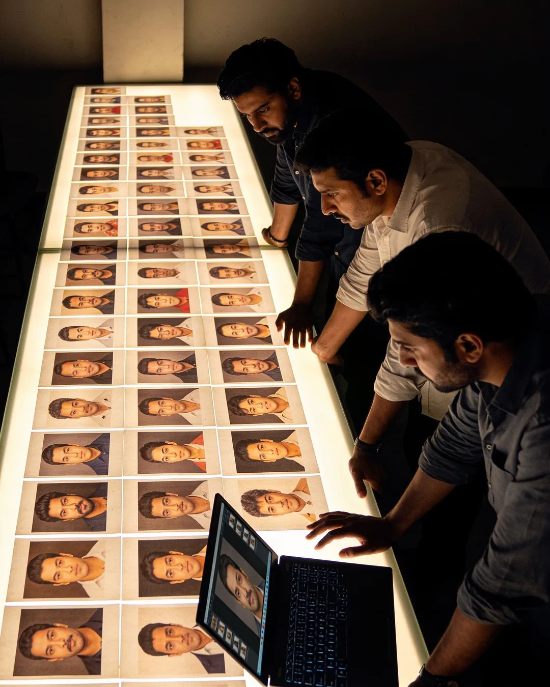 A South Asian production team reviewing printed frames on a lit table