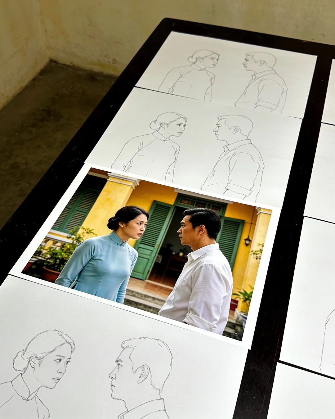 Pencil storyboard sketches around a finished photo of a Vietnamese family scene