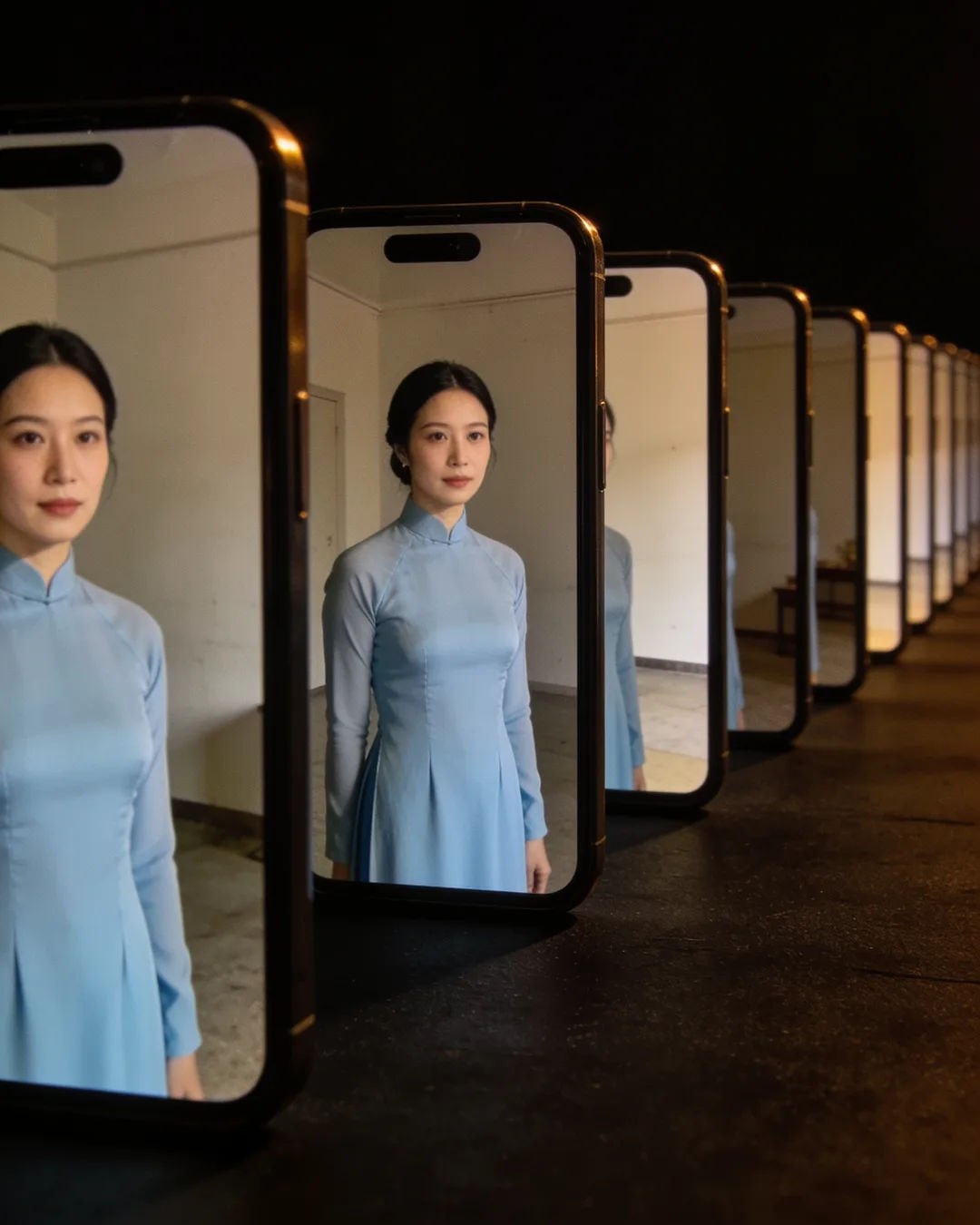 A row of phones showing episodes of the same Vietnamese drama series