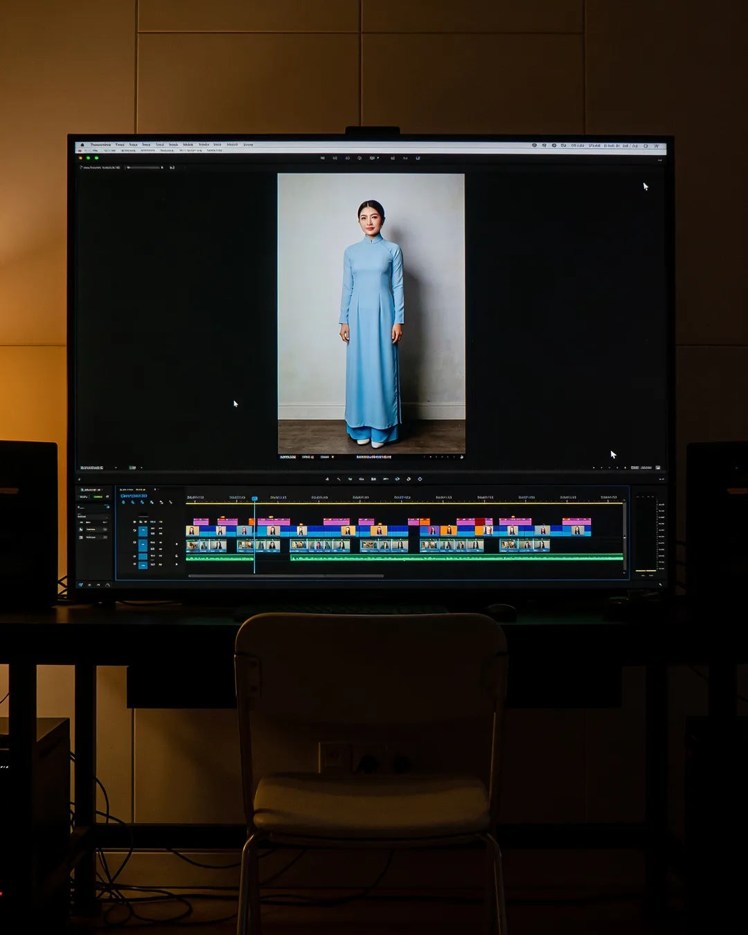 An editing suite with a vertical frame of a Vietnamese woman in a pale blue ao dai above a timeline
