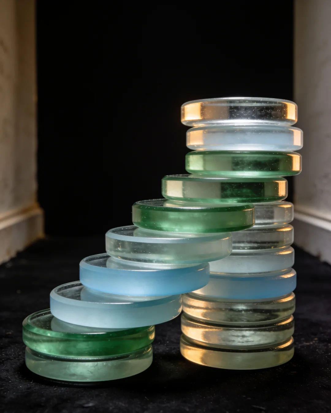Stacks of glass tokens rising on a black ground