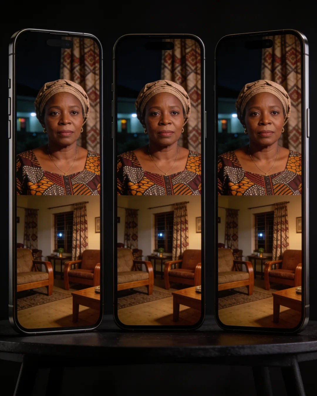 The same Yoruba woman in an ankara print dress on three vertical phone screens