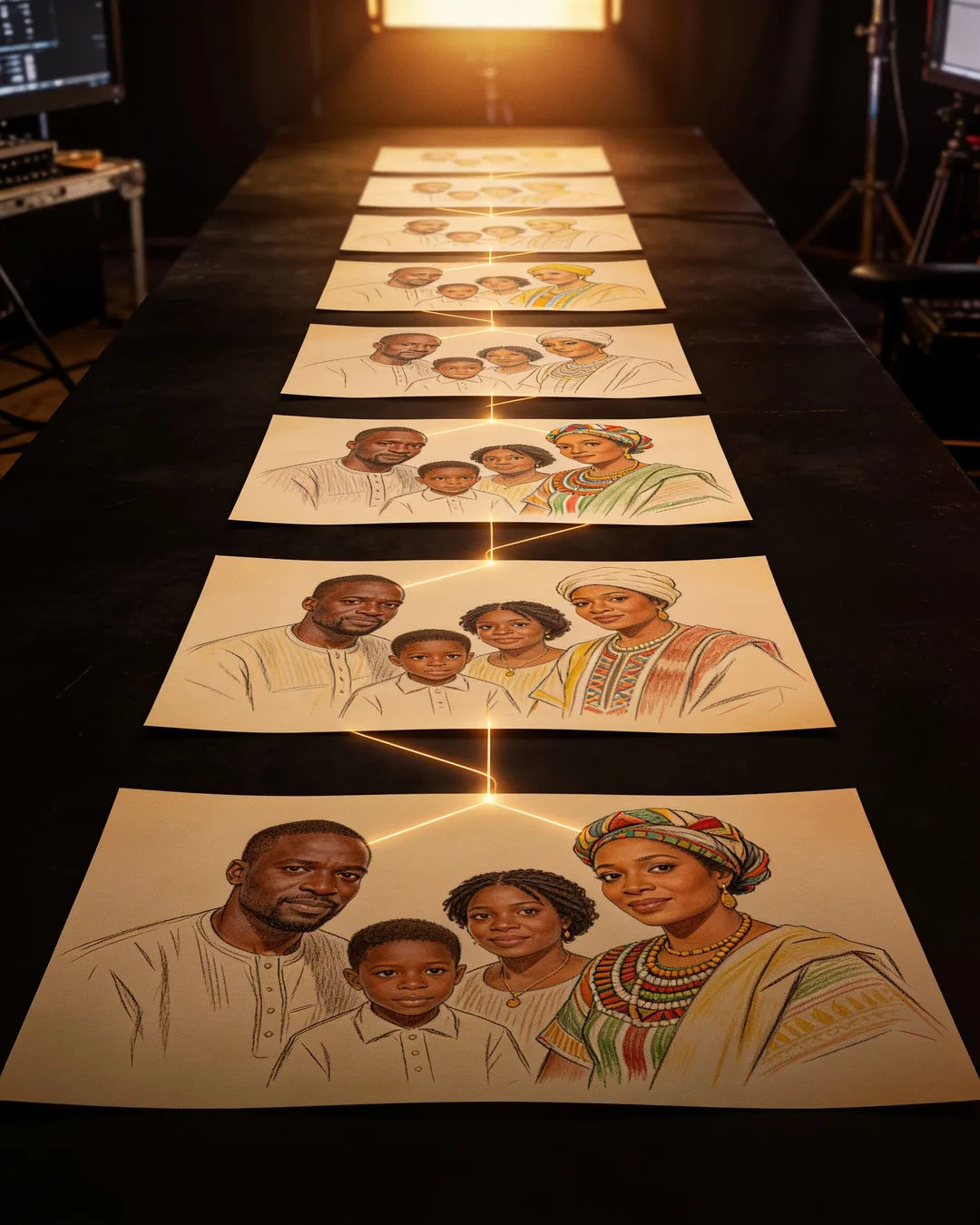 Storyboard cards of a Yoruba family drama laid out on a production table