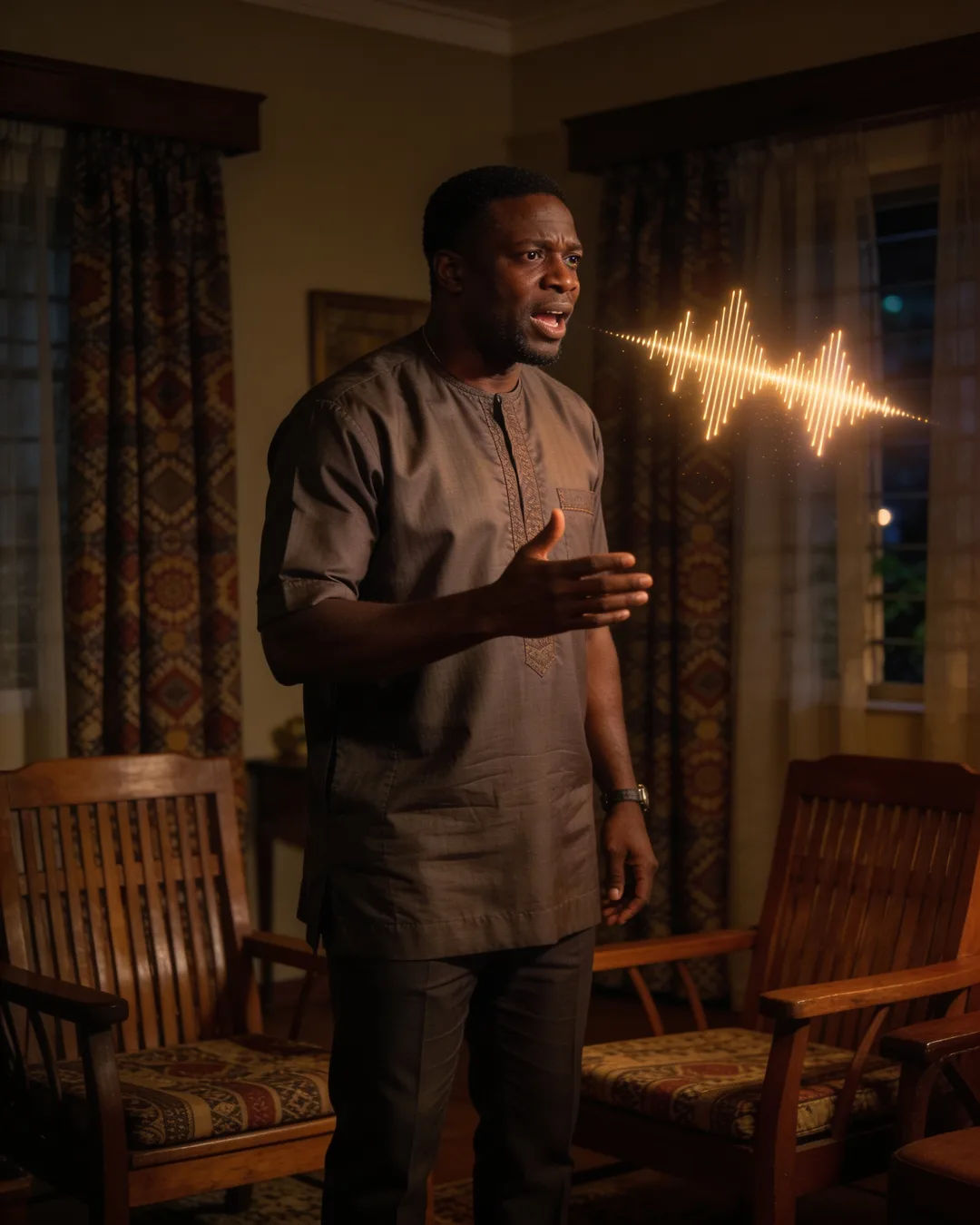 A Yoruba man in a muted buba speaking at home, a sound waveform beside him