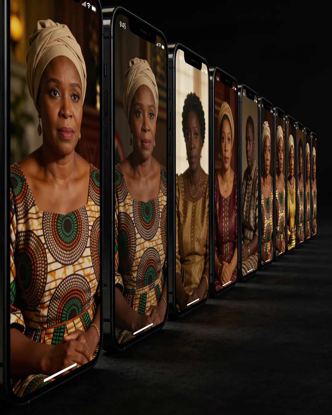 A row of phones showing episodes of the same Yoruba drama series